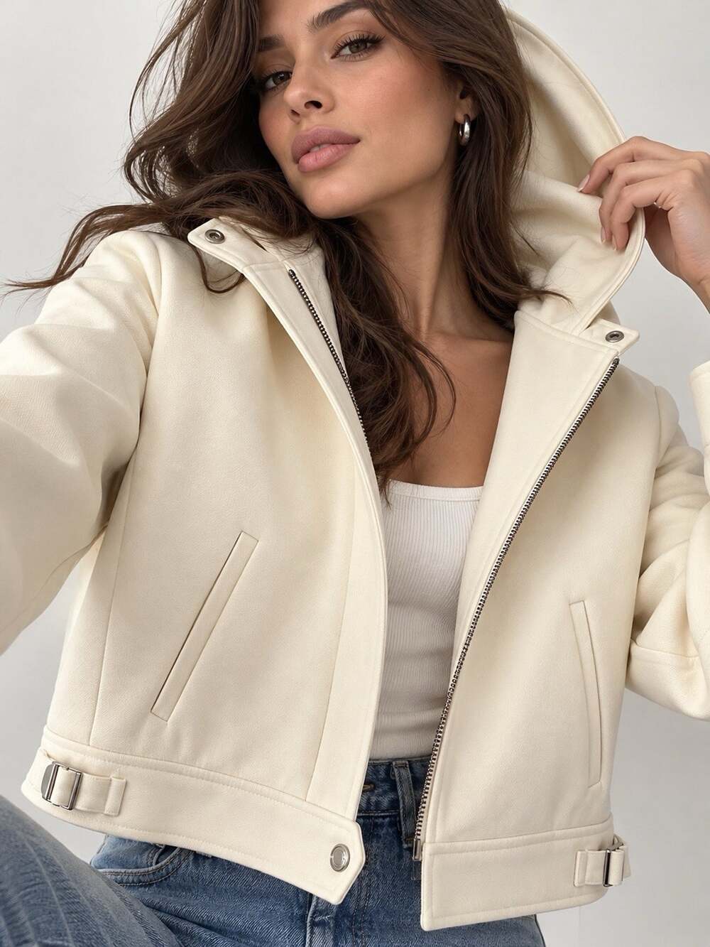 VTG Lauren Ralph Lauren 100% Wool Cropped Hooded Jacket Women's M Cream USA New